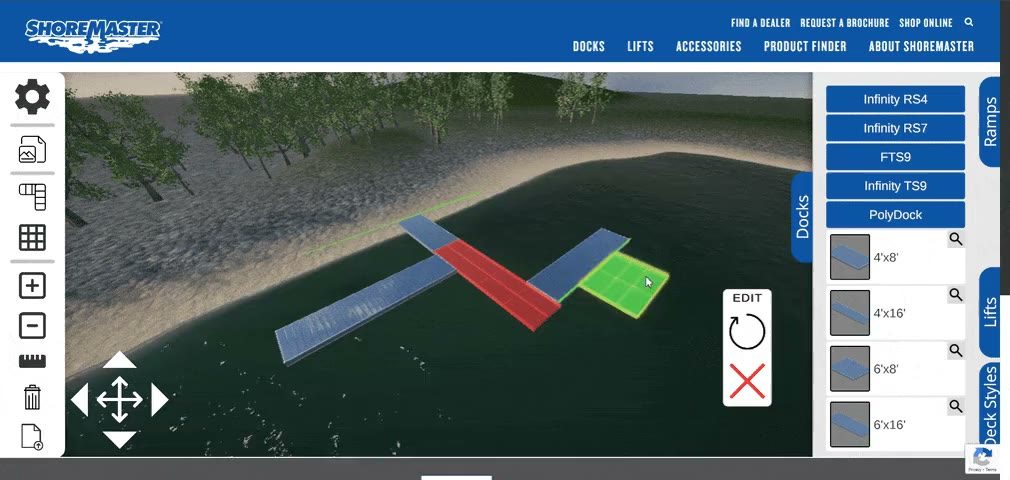 A dock layout on a virtual lake in a browser configurator