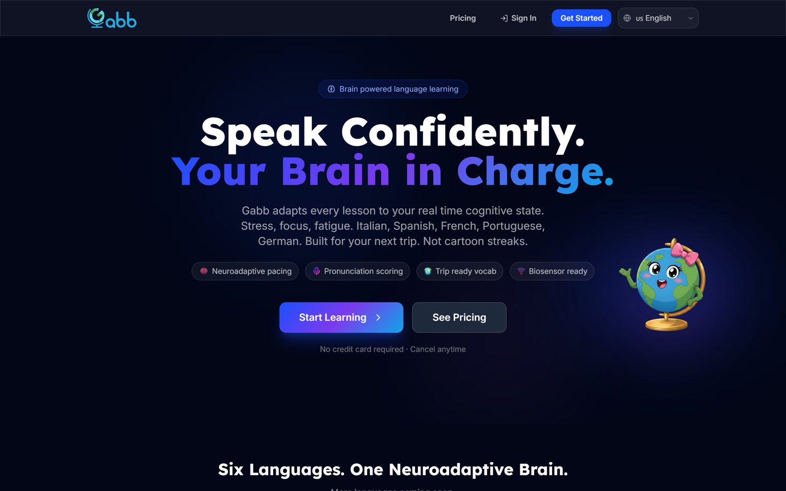 The Gabb language learning web app home screen