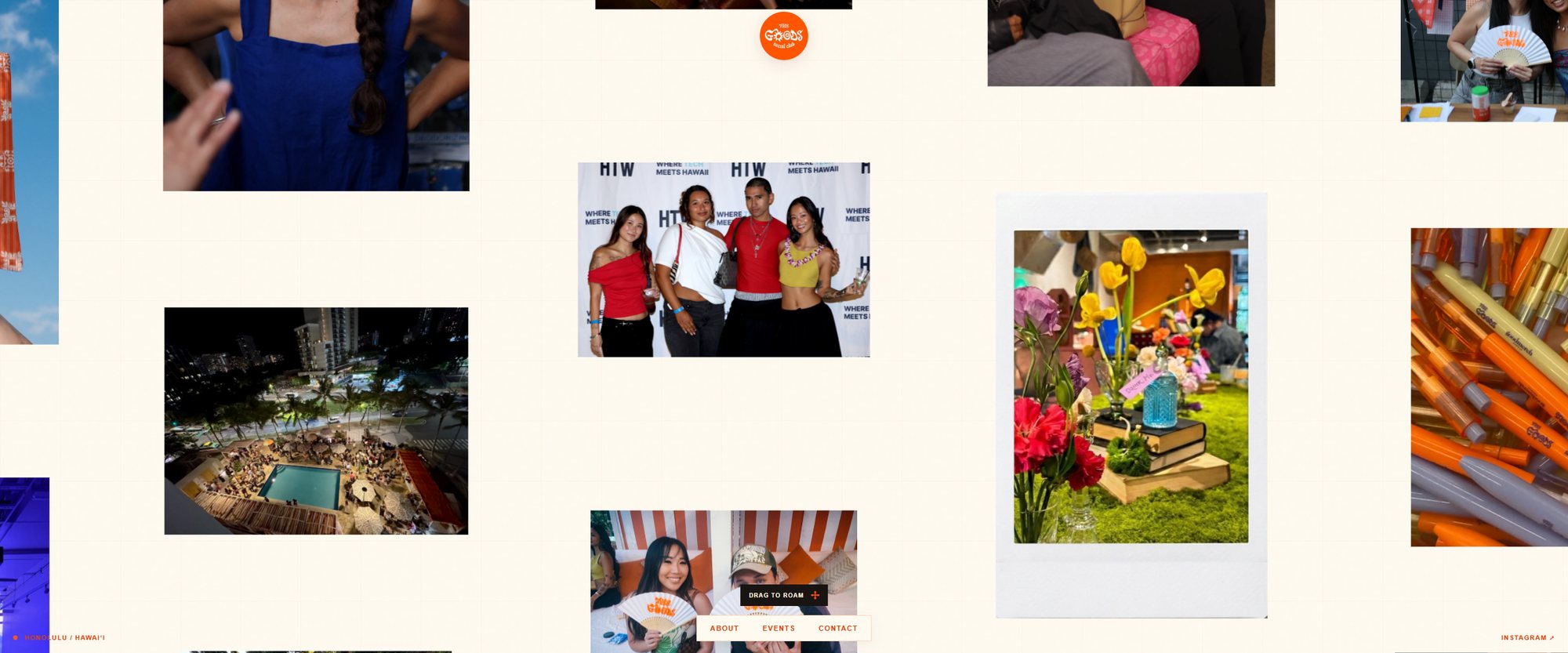 The Goods Social Club website, a loose field of event photographs on a cream background