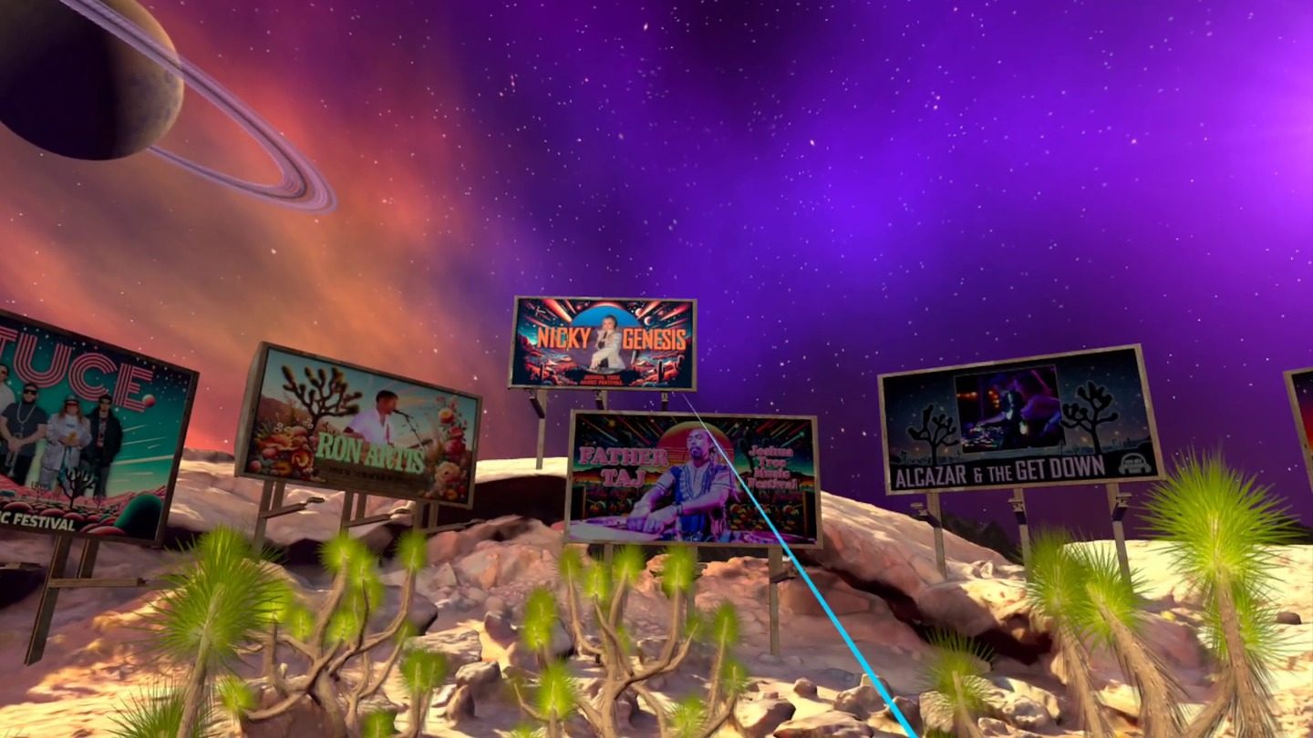 Festival billboards showing performers inside the Joshua Tree Music Festival VR desert world