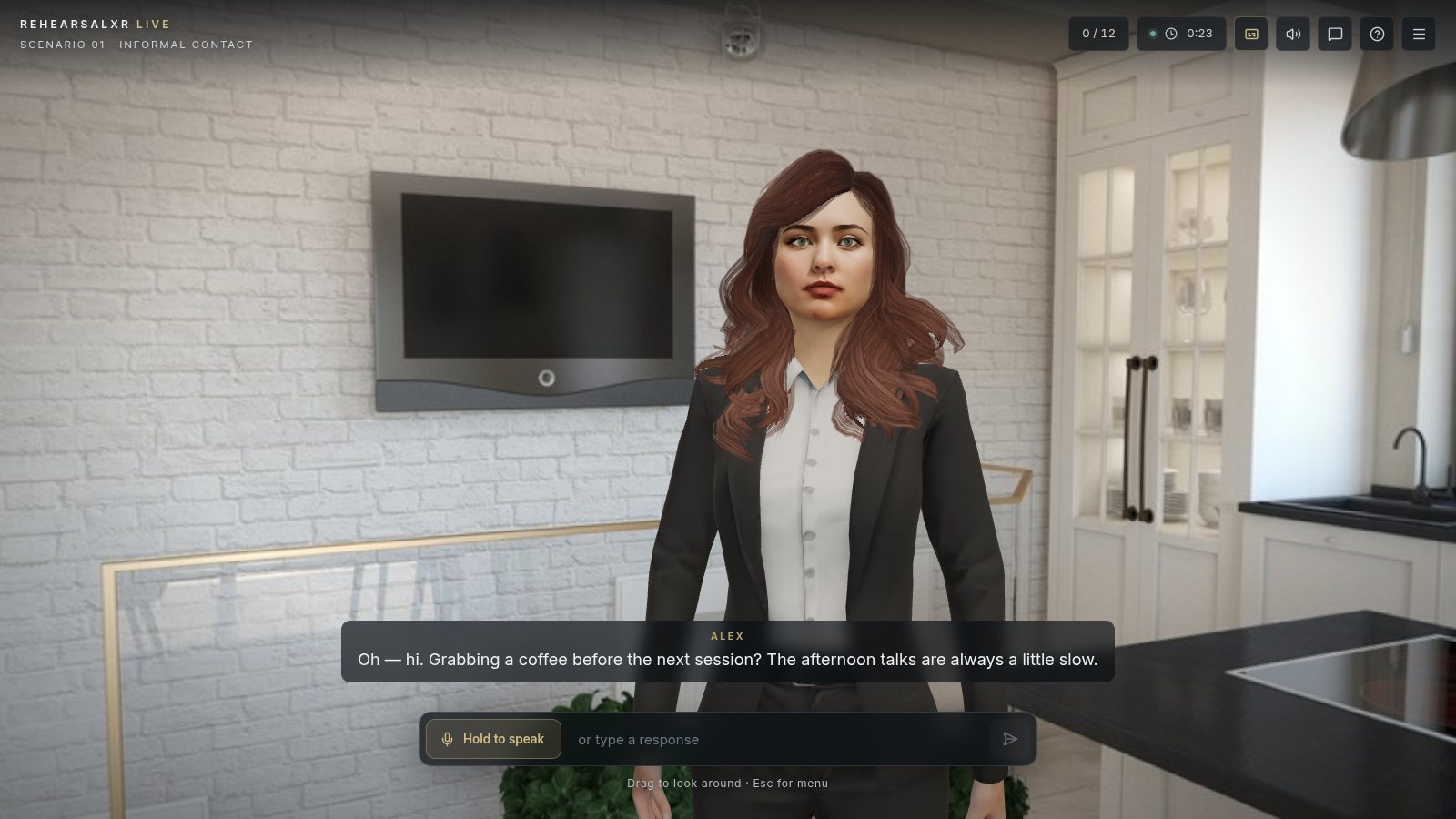 A RehearsalXR Live training character speaking to the trainee in a 3D office kitchen
