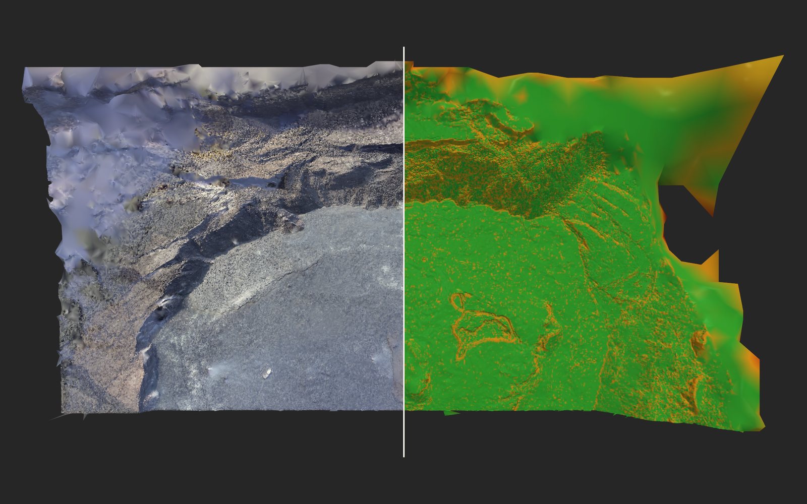 Volcanic terrain shown as a photo-realistic model on the left and color-scored for traversability on the right
