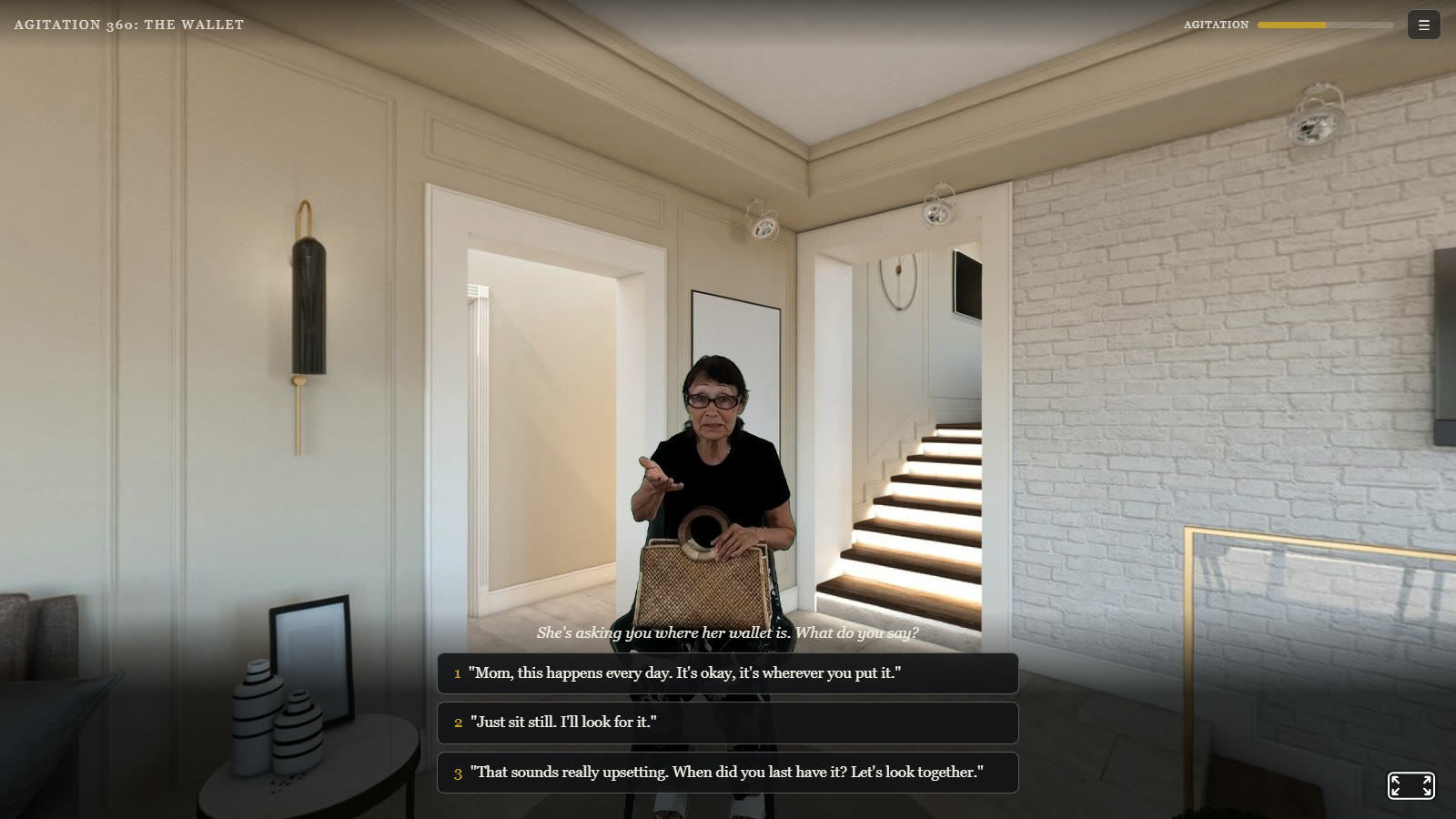 An older woman, filmed on green screen, sits in a 360 degree living room holding her bag while three response choices appear below her