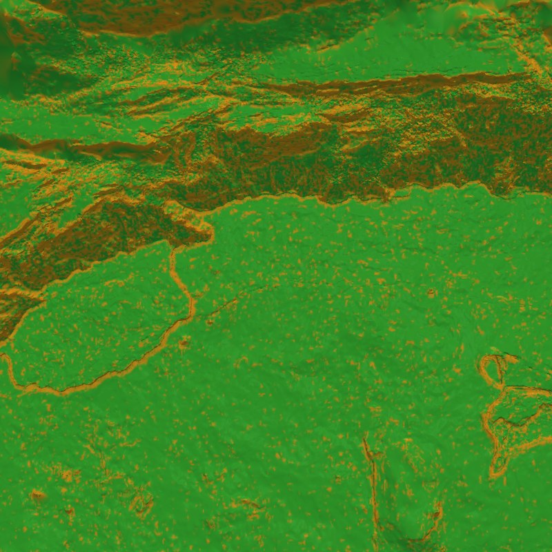 The same terrain colored by traversability score, mostly green with orange ridges