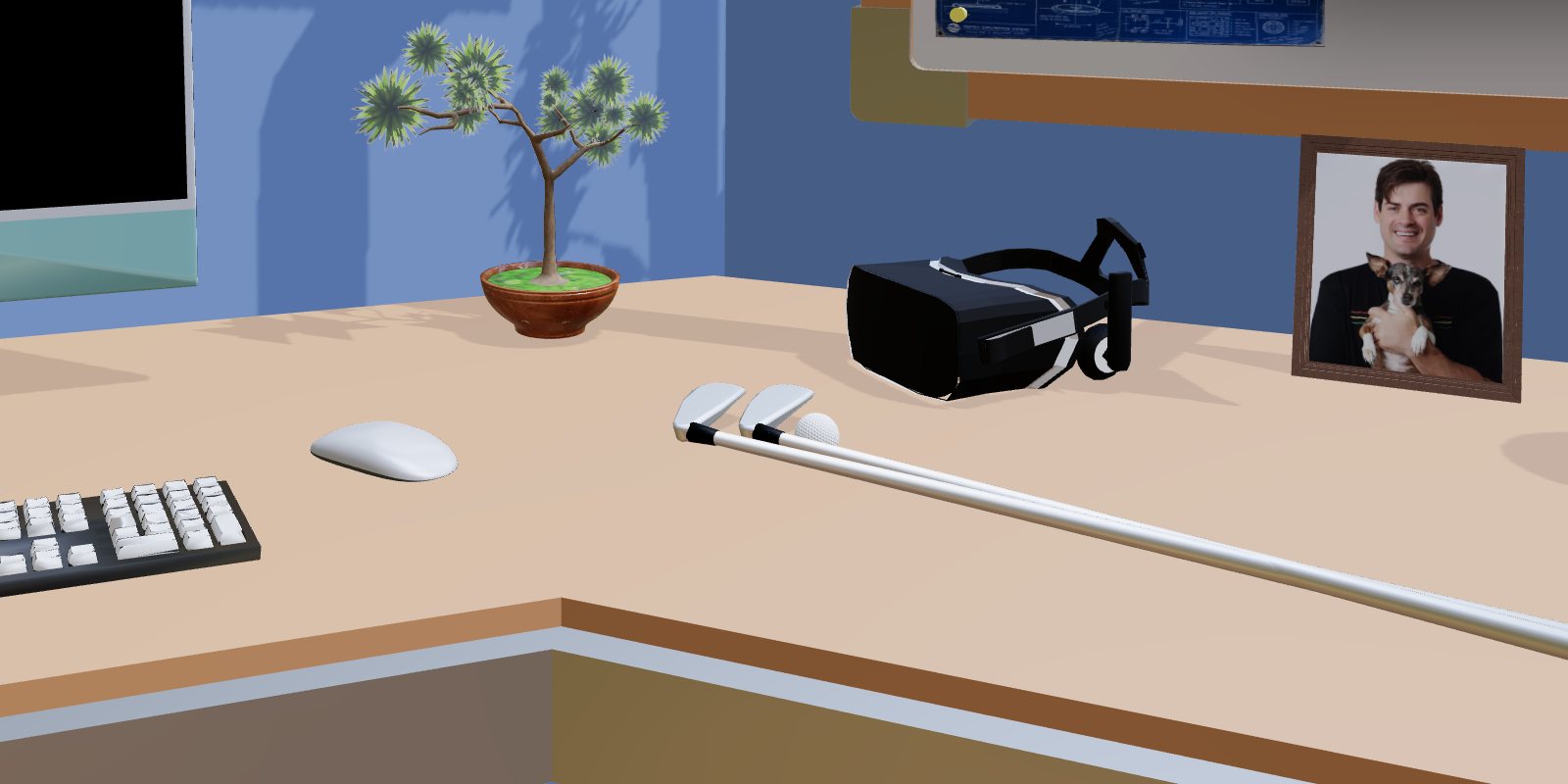 A 3D portfolio room built with XRfolio: a desk with a VR headset, a plant, and a framed photo